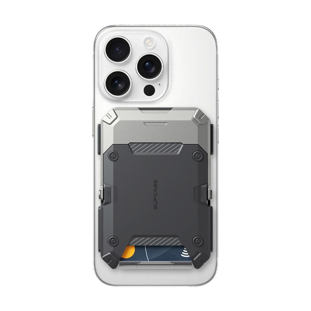 SUPCASE MagSafe 磁吸錢包站立支架 - iPhone MagSafe 皮革卡夾錢包保護套, 多功能手機支架, 磁吸無線充電兼容,銀色。