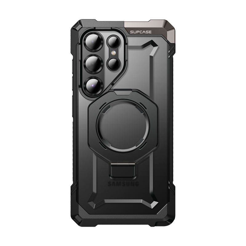 SUPCASE UB Grip 全能鋼甲 Samsung Galaxy S25 Ultra 5G (2025) 軍規防摔磁吸手機殼,透明背板展示手機原色,金屬支架可橫豎立放。黑色。