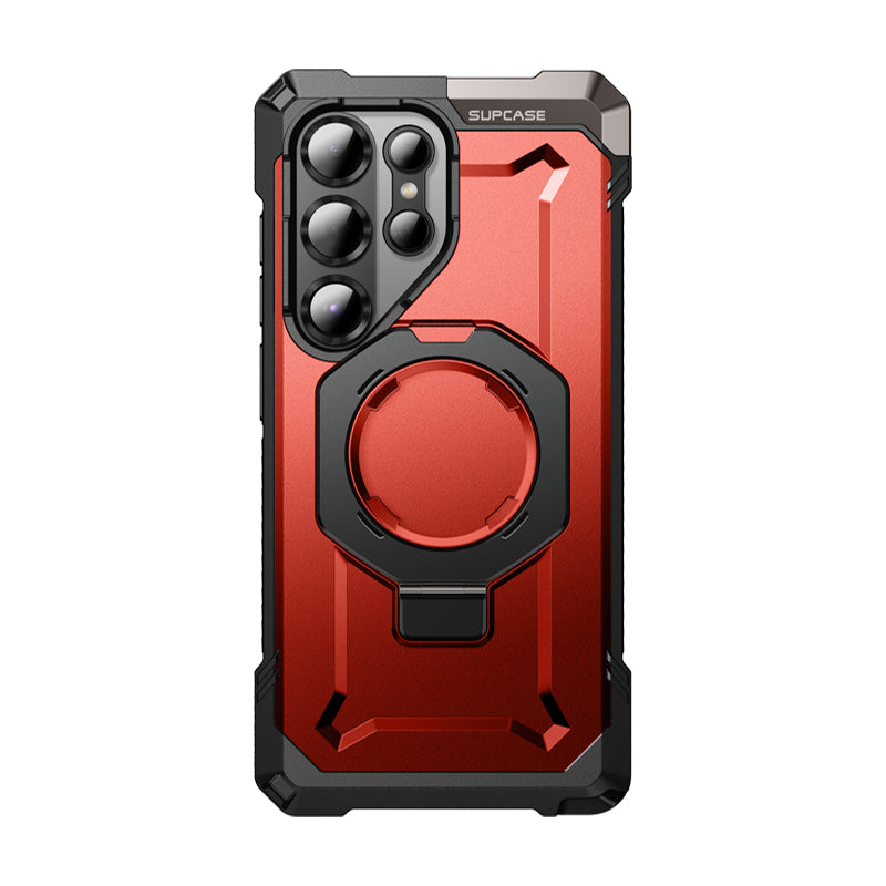 SUPCASE UB Grip 全能鋼甲 Samsung Galaxy S25 Ultra 5G (2025) 軍規防摔磁吸手機殼,透明背板展示手機原色,金屬支架可橫豎立放。紅色。
