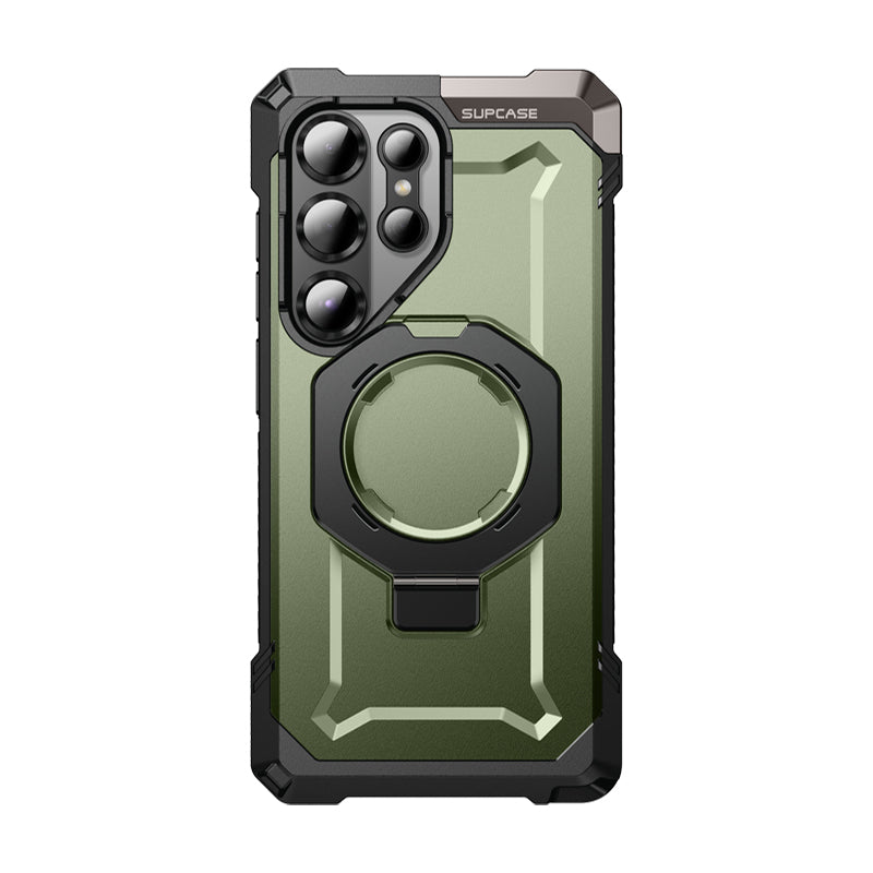 SUPCASE UB Grip 全能鋼甲 Samsung Galaxy S25 Ultra 5G (2025) 軍規防摔磁吸手機殼,透明背板展示手機原色,金屬支架可橫豎立放。綠色。
