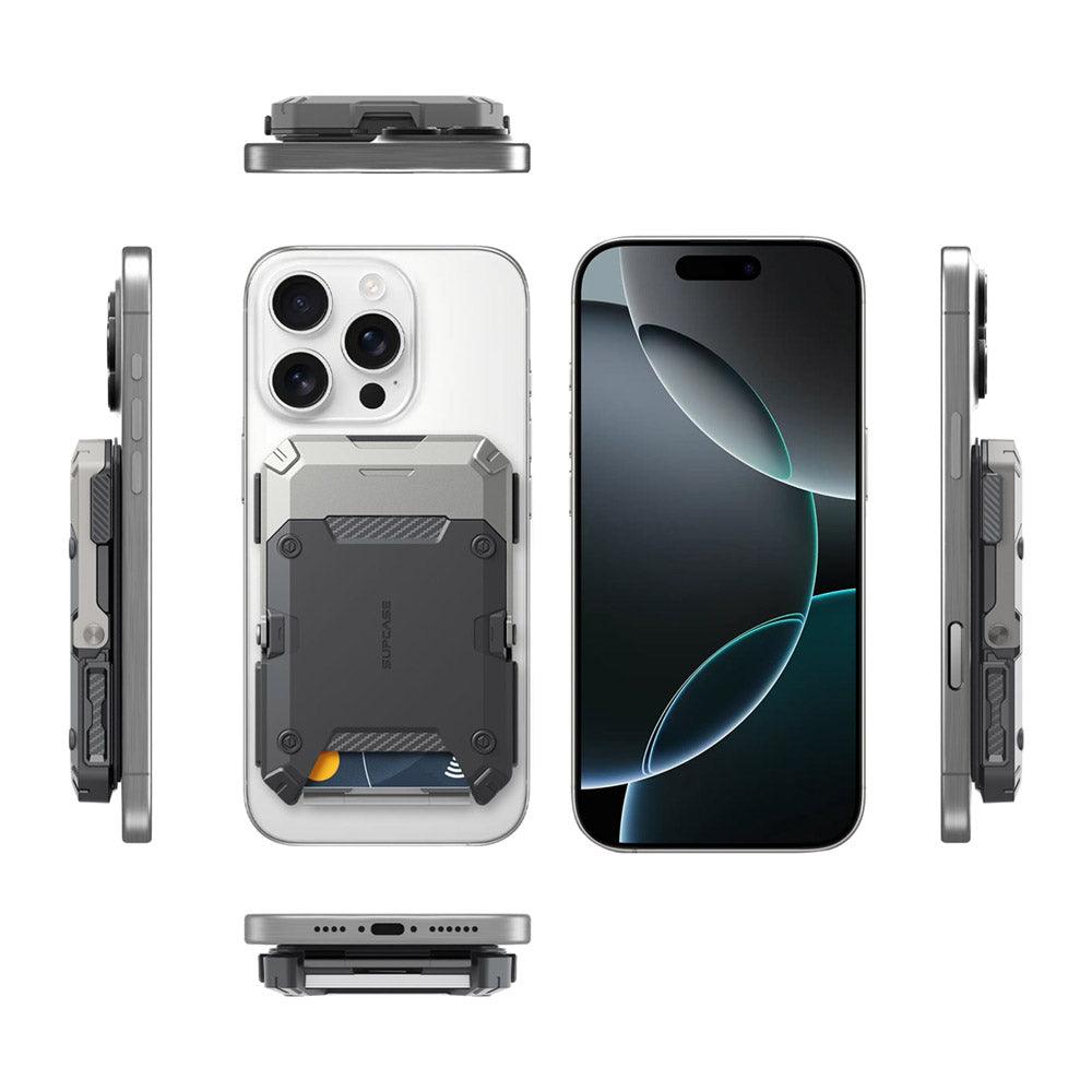 SUPCASE MagSafe 磁吸錢包站立支架 - iPhone MagSafe 皮革卡夾錢包保護套, 多功能手機支架, 磁吸無線充電兼容,銀色。