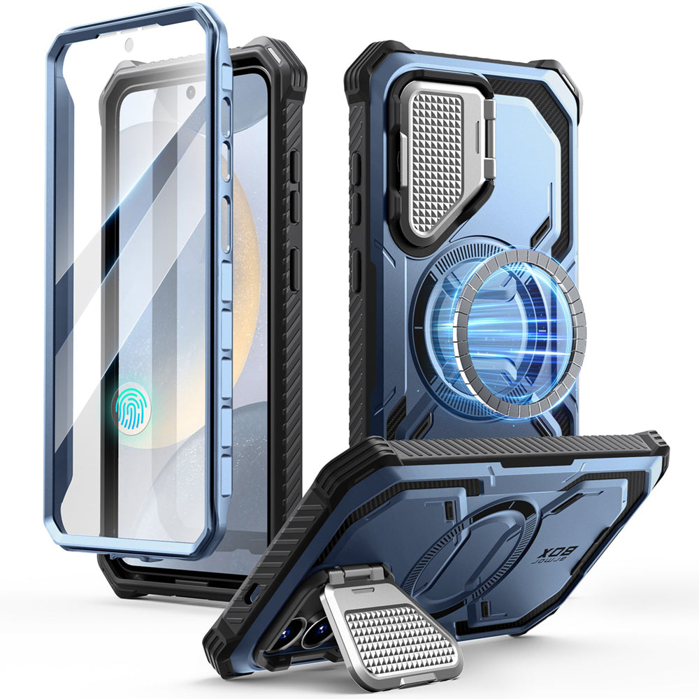 i-Blason Armorbox Samsung Galaxy S25 Plus 5G Mag 頂級鏡頭蓋支架軍規防摔殼,藍色,展示其全身式保護設計、內建螢幕保護膜、鋅合金相機蓋 MagSafe 磁吸支架、軍規防摔特性和精準設計。
