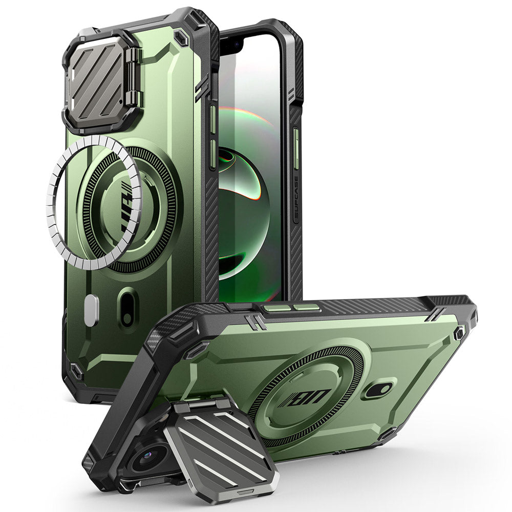 SUPCASE UB Mag XT 探索者 iPhone 16e 鏡頭蓋支架軍規防摔殼,展示其鏡頭蓋支架、軍規防摔、磁吸功能和防塵塞。綠色。