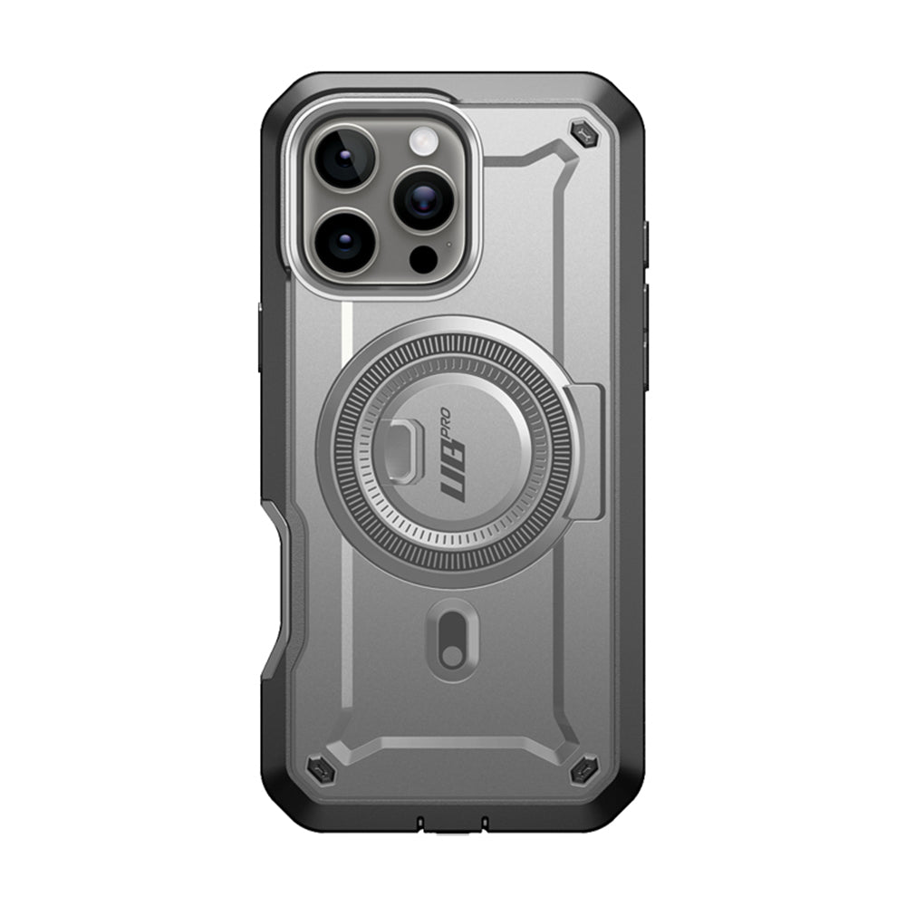 iPhone 16 Pro Max 軍規防摔殼,SUPCASE UB Pro Mag 變形守護者,支援 MagSafe 磁吸、內建支架與螢幕保護貼,提供全面防護。鈦空灰色。