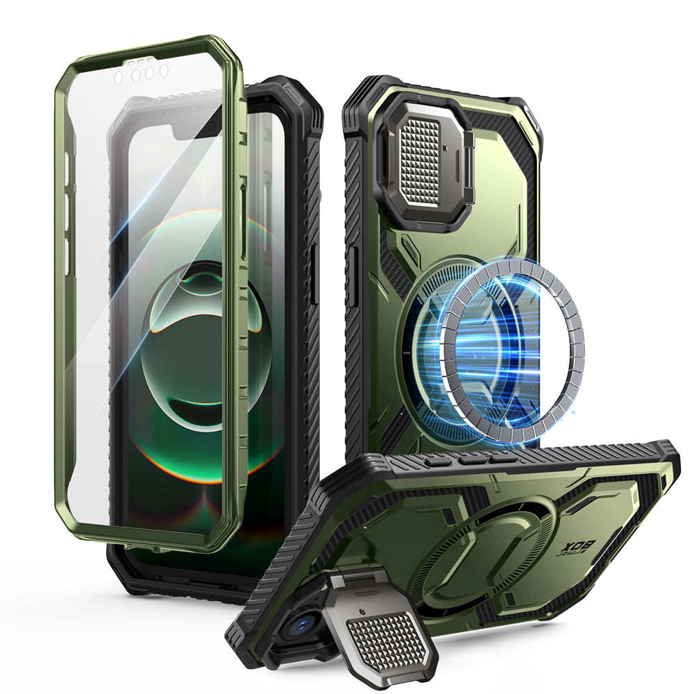 i-Blason Armorbox iPhone 16e (2025) Mag 頂級鏡頭蓋支架軍規防摔殼,綠色,展示其全身式保護設計、內建螢幕保護膜、鋅合金相機蓋 MagSafe 磁吸支架、軍規防摔特性和精準設計。