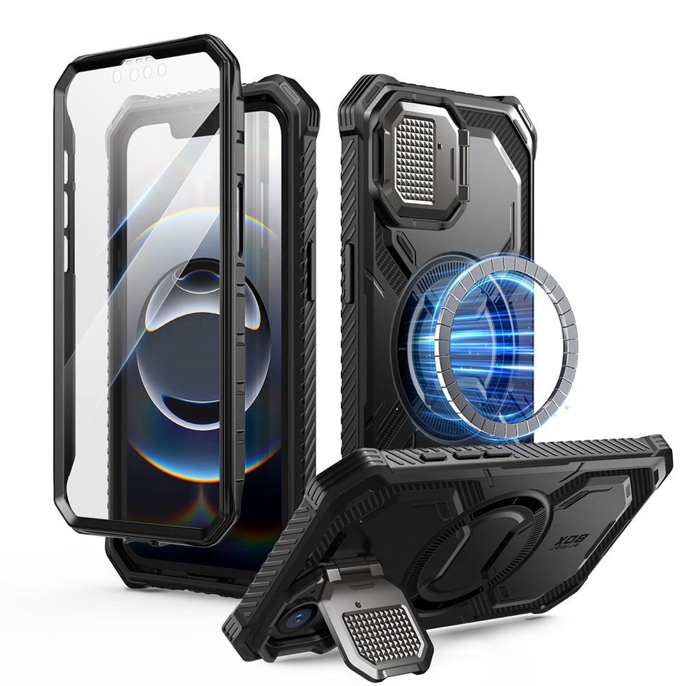 i-Blason Armorbox iPhone 16e (2025) Mag 頂級鏡頭蓋支架軍規防摔殼,黑色,展示其全身式保護設計、內建螢幕保護膜、鋅合金相機蓋 MagSafe 磁吸支架、軍規防摔特性和精準設計。