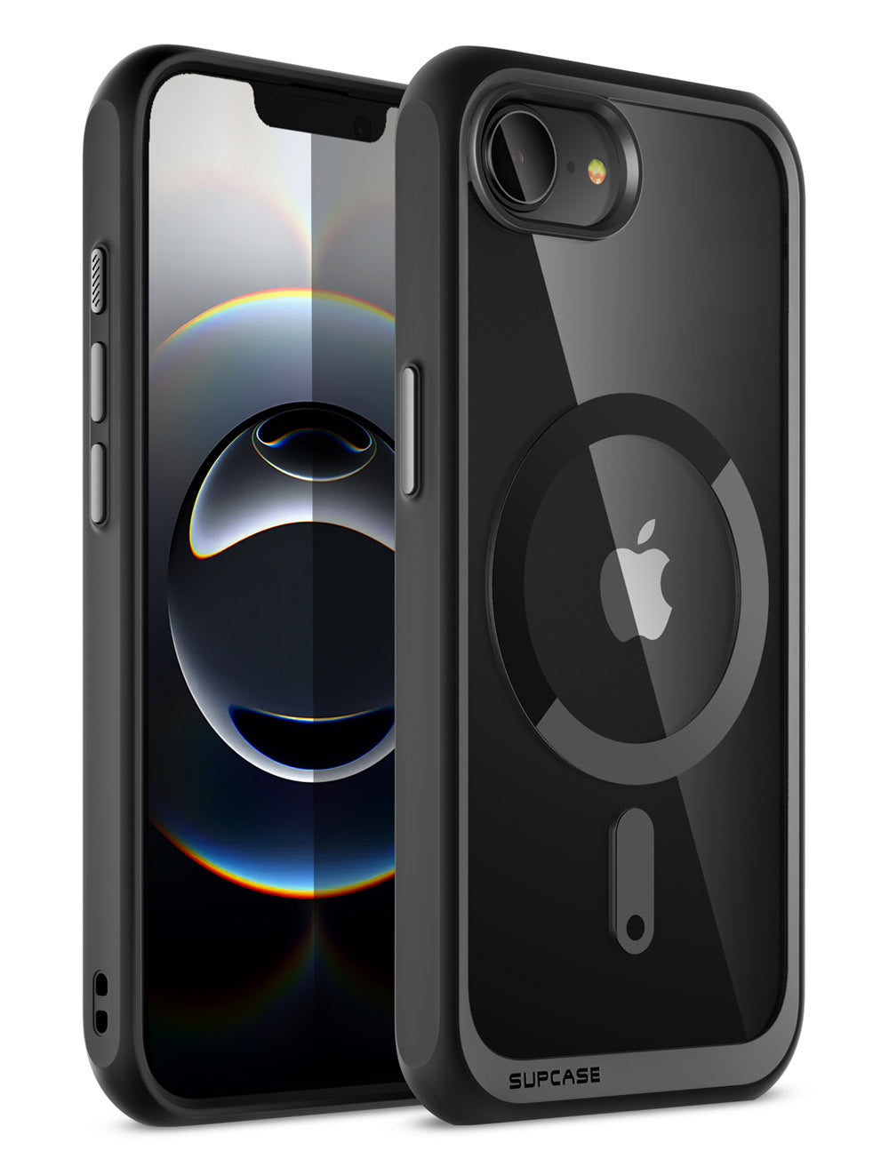 SUPCASE UB Mag 幽靈甲 iPhone 16e 透色磁吸支架軍規防摔殼,展示其透色設計、軍規防摔、磁吸支架和實體相機按鍵。黑色。