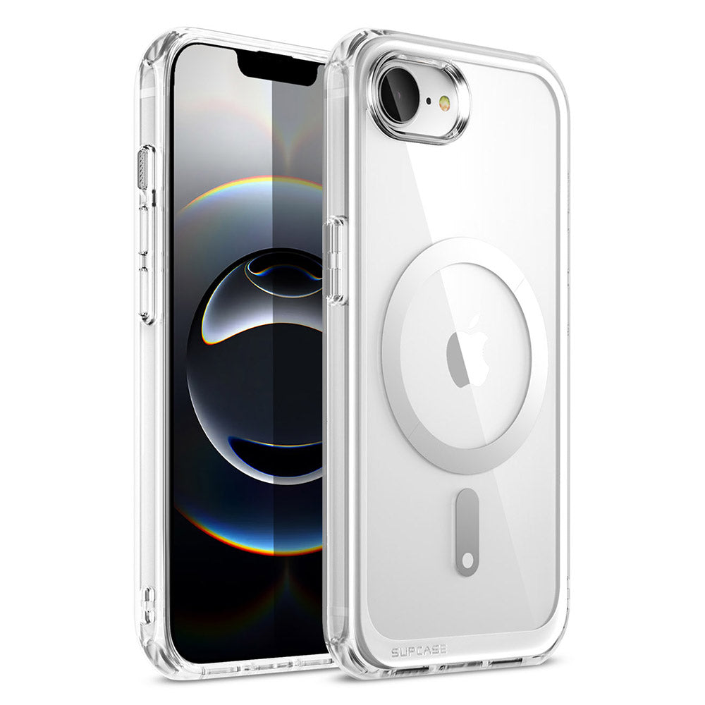 SUPCASE UB Mag 幽靈甲 iPhone 16e 透色磁吸支架軍規防摔殼,展示其透色設計、軍規防摔、磁吸支架和實體相機按鍵。