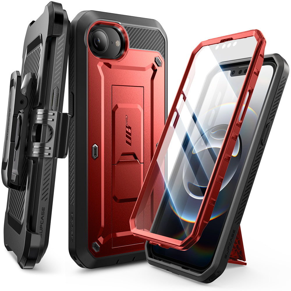 SUPCASE UB Pro 守護者 iPhone 16e 全面防護支架軍規防摔殼,展示其軍規防摔、內建螢幕保護貼、可旋轉皮套和支架功能。紅色。