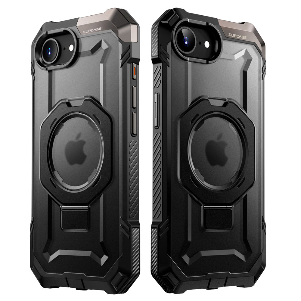 SUPCASE UB Grip 全能鋼甲 iPhone 16e 頂級磁吸支架軍規防摔殼,展示其軍規防摔設計、磁吸支架、透明背板、金屬相機按鍵和品牌標章。黑色。