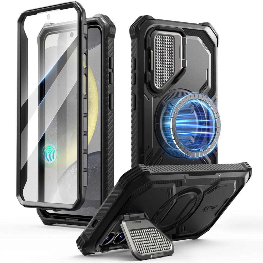 i-Blason Armorbox Samsung Galaxy S25 5G Mag 頂級鏡頭蓋支架軍規防摔殼,黑色,展示其全身式保護設計、內建螢幕保護膜、鋅合金相機蓋 MagSafe 磁吸支架、軍規防摔特性和精準設計。