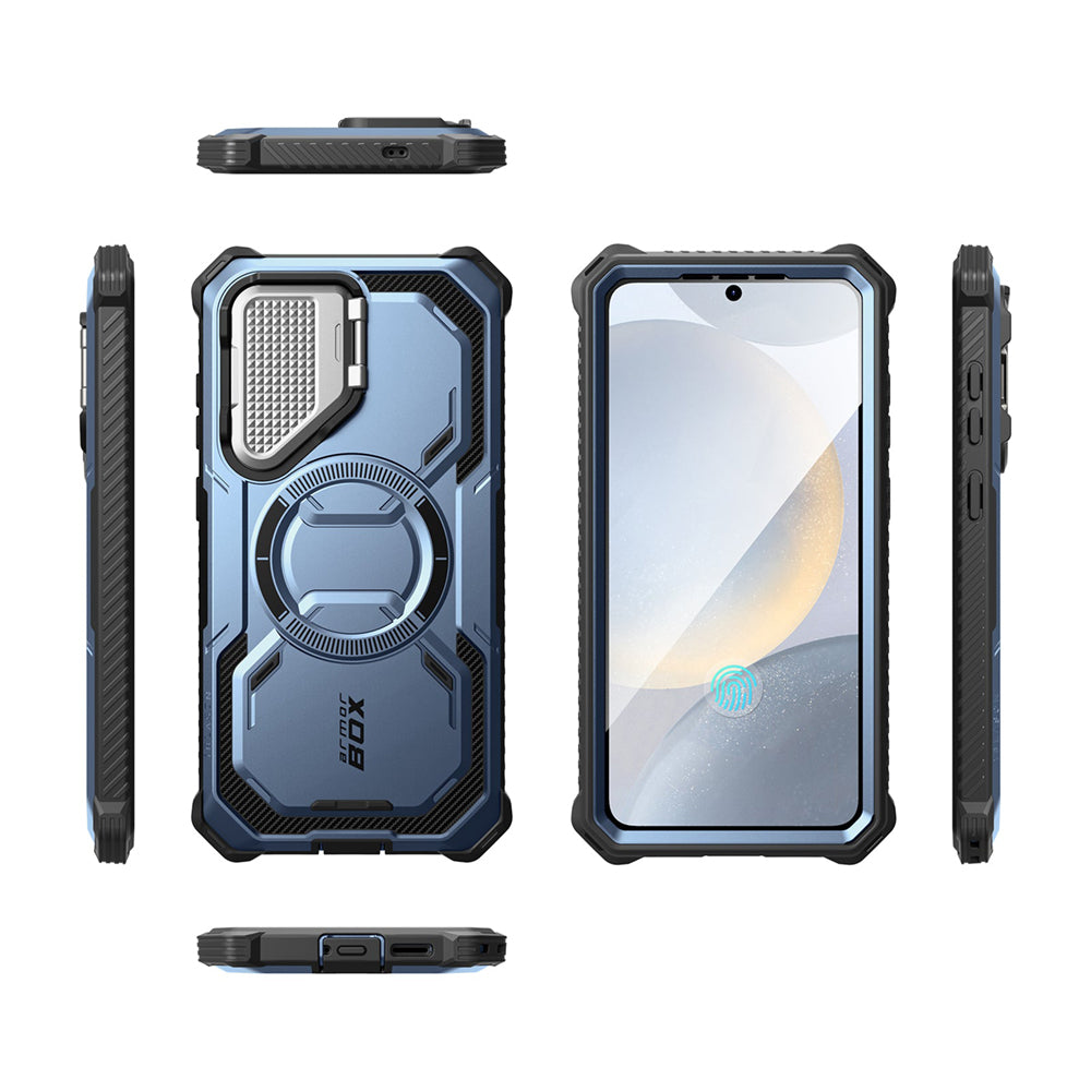 i-Blason Armorbox Samsung Galaxy S25 Plus 5G Mag 頂級鏡頭蓋支架軍規防摔殼,藍色,展示其全身式保護設計、內建螢幕保護膜、鋅合金相機蓋 MagSafe 磁吸支架、軍規防摔特性和精準設計。