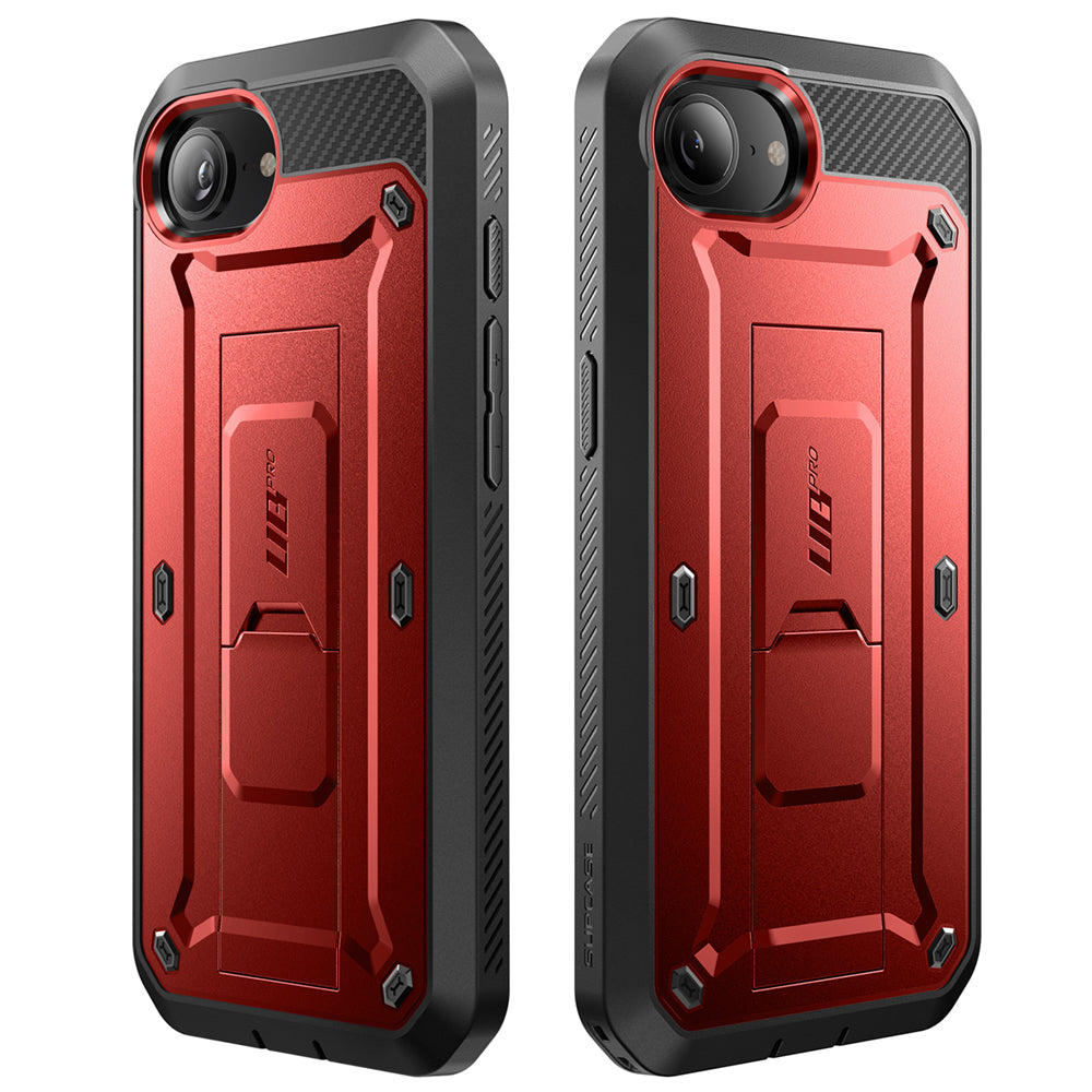SUPCASE UB Pro 守護者 iPhone 16e 全面防護支架軍規防摔殼,展示其軍規防摔、內建螢幕保護貼、可旋轉皮套和支架功能。紅色。