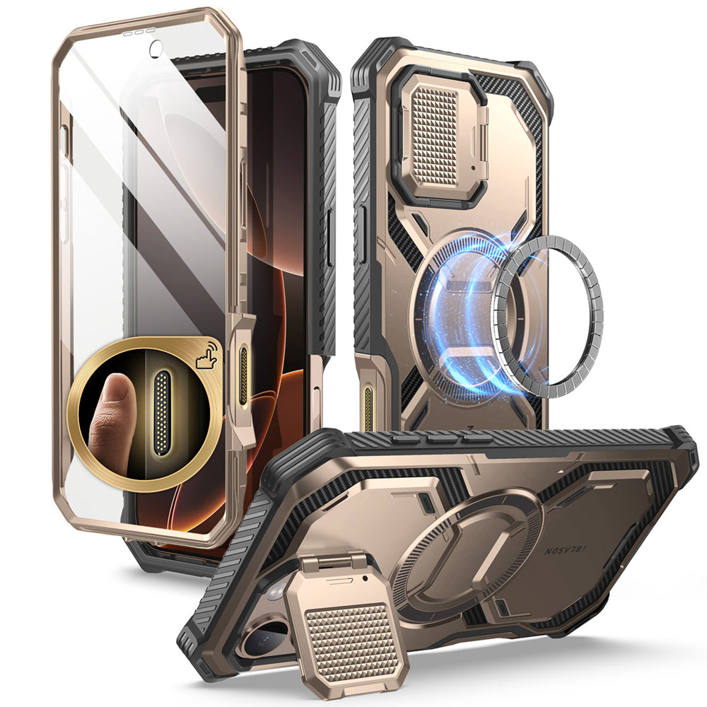 i-Blason Armorbox iPhone 16 Pro Max軍規防摔殼,MagSafe 磁吸,鏡頭蓋支架,展示手機安裝後的防護效果。玫瑰金色。