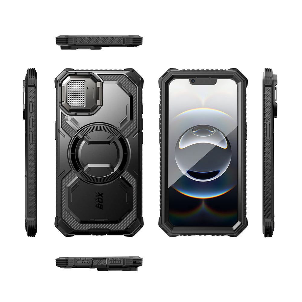 i-Blason Armorbox iPhone 16e (2025) Mag 頂級鏡頭蓋支架軍規防摔殼,黑色,展示其全身式保護設計、內建螢幕保護膜、鋅合金相機蓋 MagSafe 磁吸支架、軍規防摔特性和精準設計。