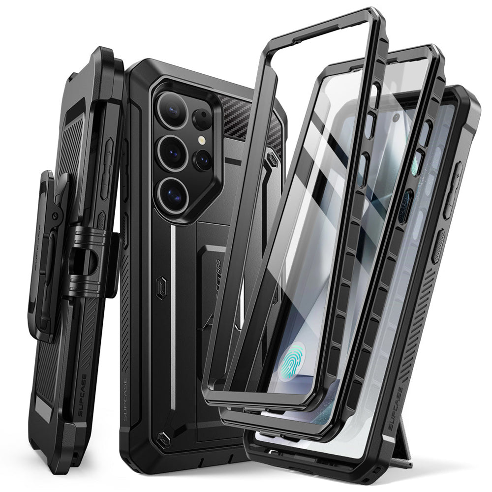 SUPCASE UB Pro守護者Samsung Galaxy S25 Ultra 5G軍規防摔殼,內建螢幕保護貼,旋轉皮套,內建支架。黑色。