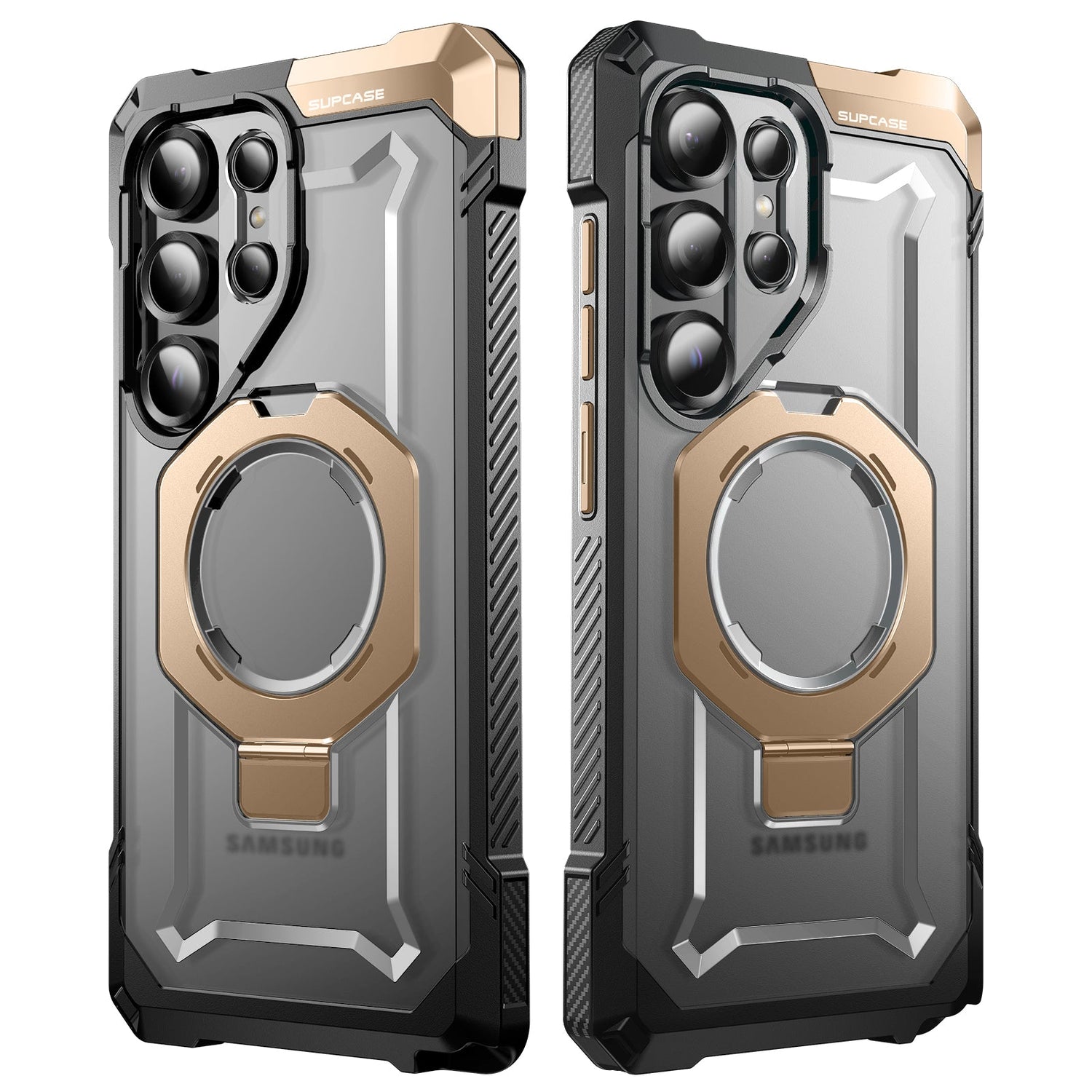 SUPCASE UB Grip 全能鋼甲 Samsung Galaxy S25 Ultra 5G (2025) 軍規防摔磁吸手機殼,透明背板展示手機原色,金屬支架可橫豎立放。沙色。