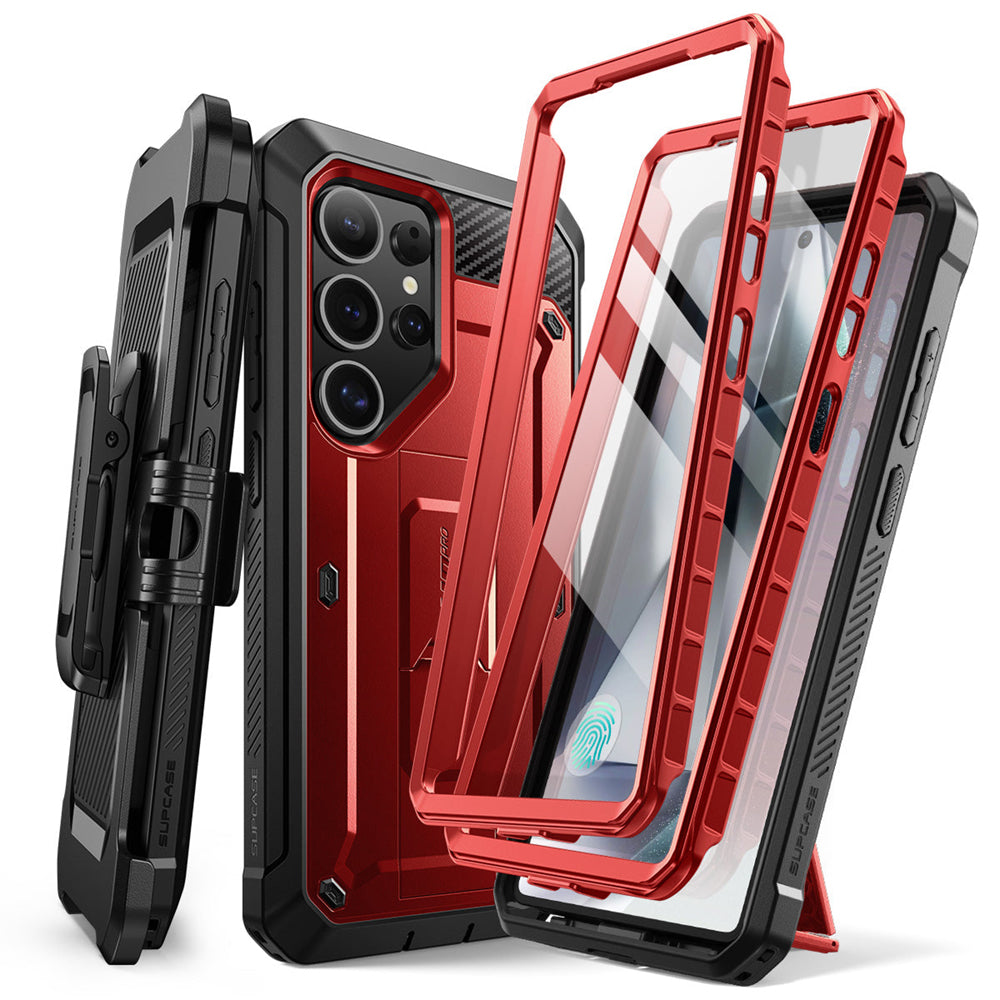 SUPCASE UB Pro守護者Samsung Galaxy S25 Ultra 5G軍規防摔殼,內建螢幕保護貼,旋轉皮套,內建支架。紅色。
