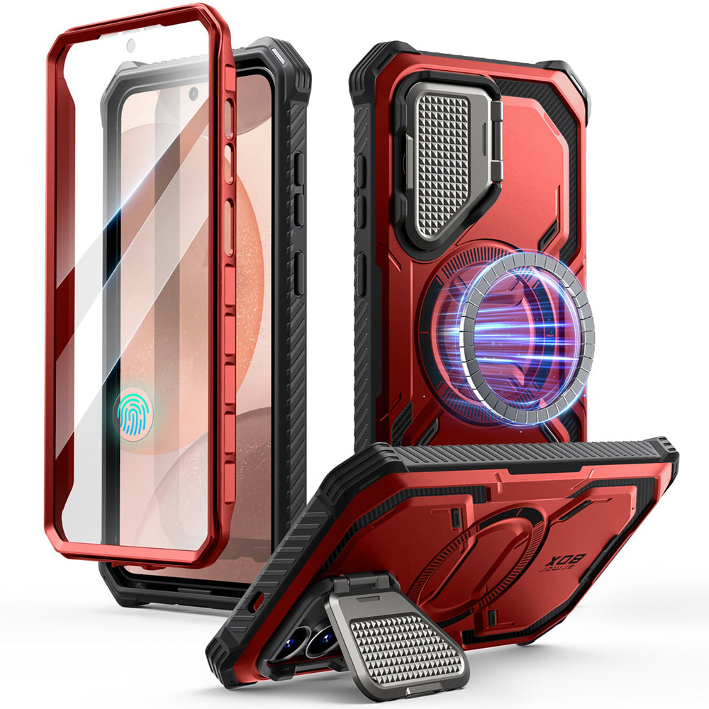 i-Blason Armorbox Samsung Galaxy S25 5G Mag 頂級鏡頭蓋支架軍規防摔殼,紅色,展示其全身式保護設計、內建螢幕保護膜、鋅合金相機蓋 MagSafe 磁吸支架、軍規防摔特性和精準設計。