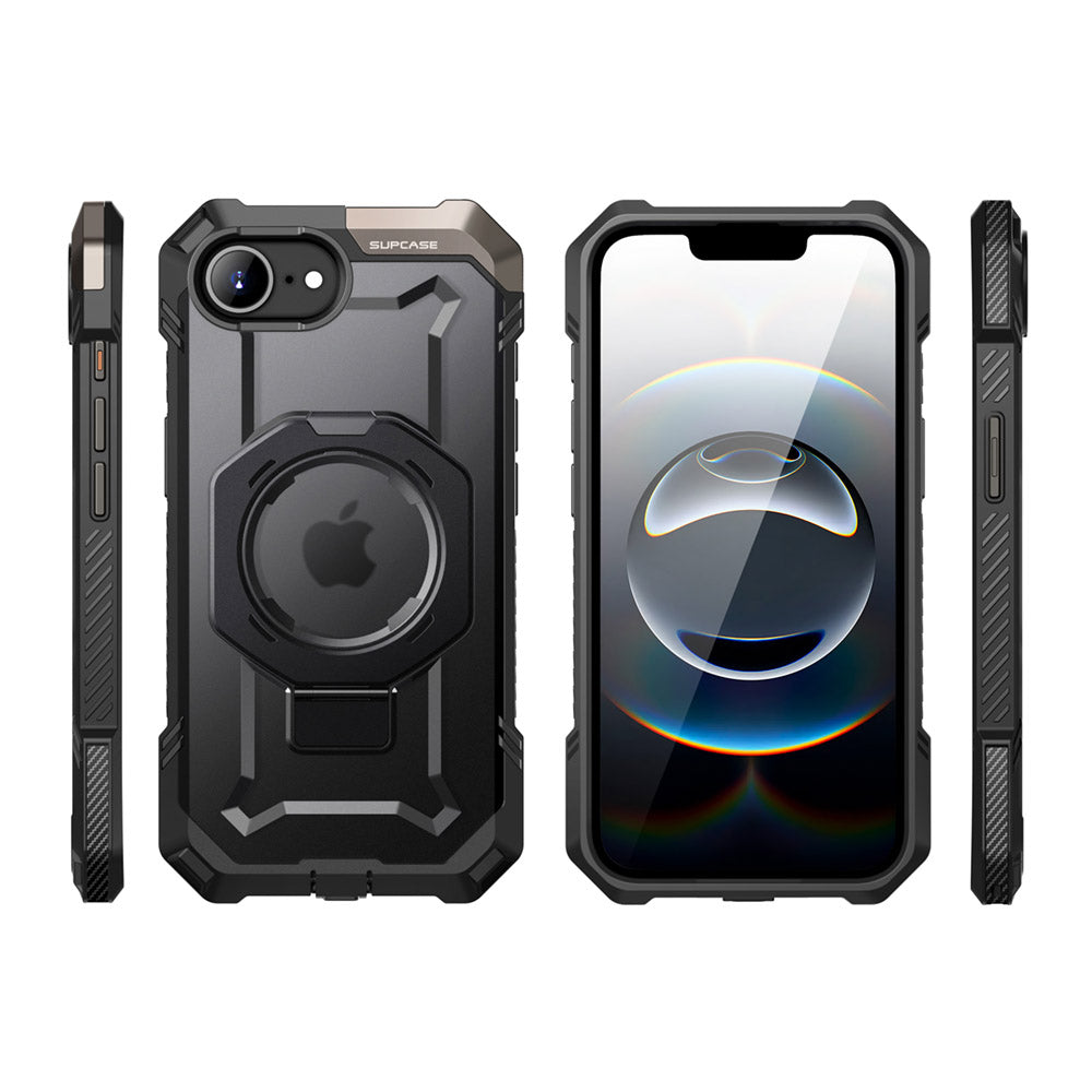 SUPCASE UB Grip 全能鋼甲 iPhone 16e 頂級磁吸支架軍規防摔殼,展示其軍規防摔設計、磁吸支架、透明背板、金屬相機按鍵和品牌標章。黑色。