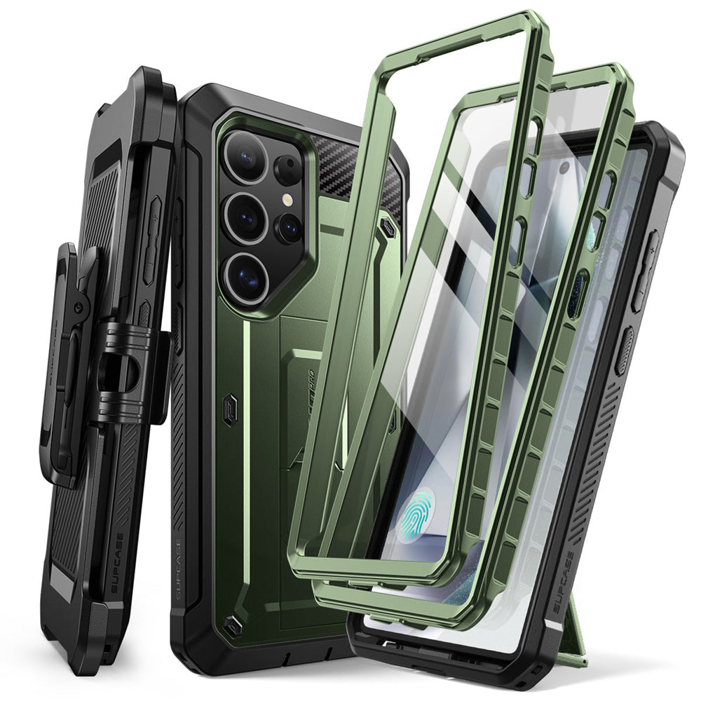 SUPCASE UB Pro守護者Samsung Galaxy S25 Ultra 5G軍規防摔殼,內建螢幕保護貼,旋轉皮套,內建支架。綠色。