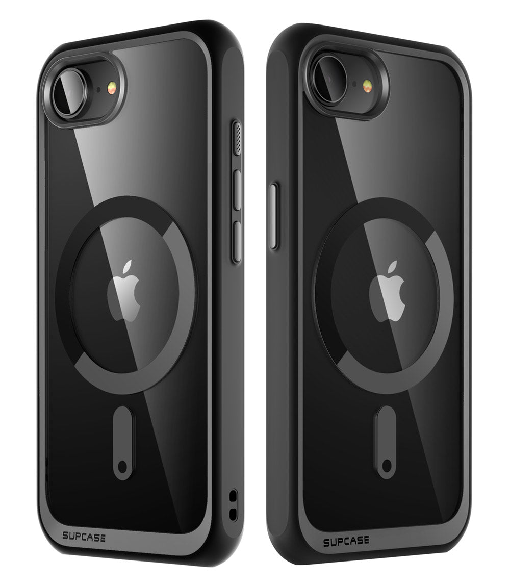SUPCASE UB Mag 幽靈甲 iPhone 16e 透色磁吸支架軍規防摔殼,展示其透色設計、軍規防摔、磁吸支架和實體相機按鍵。黑色。