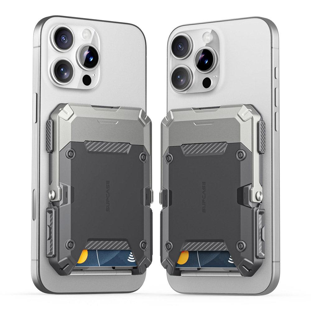 SUPCASE MagSafe 磁吸錢包站立支架 - iPhone MagSafe 皮革卡夾錢包保護套, 多功能手機支架, 磁吸無線充電兼容,銀色。