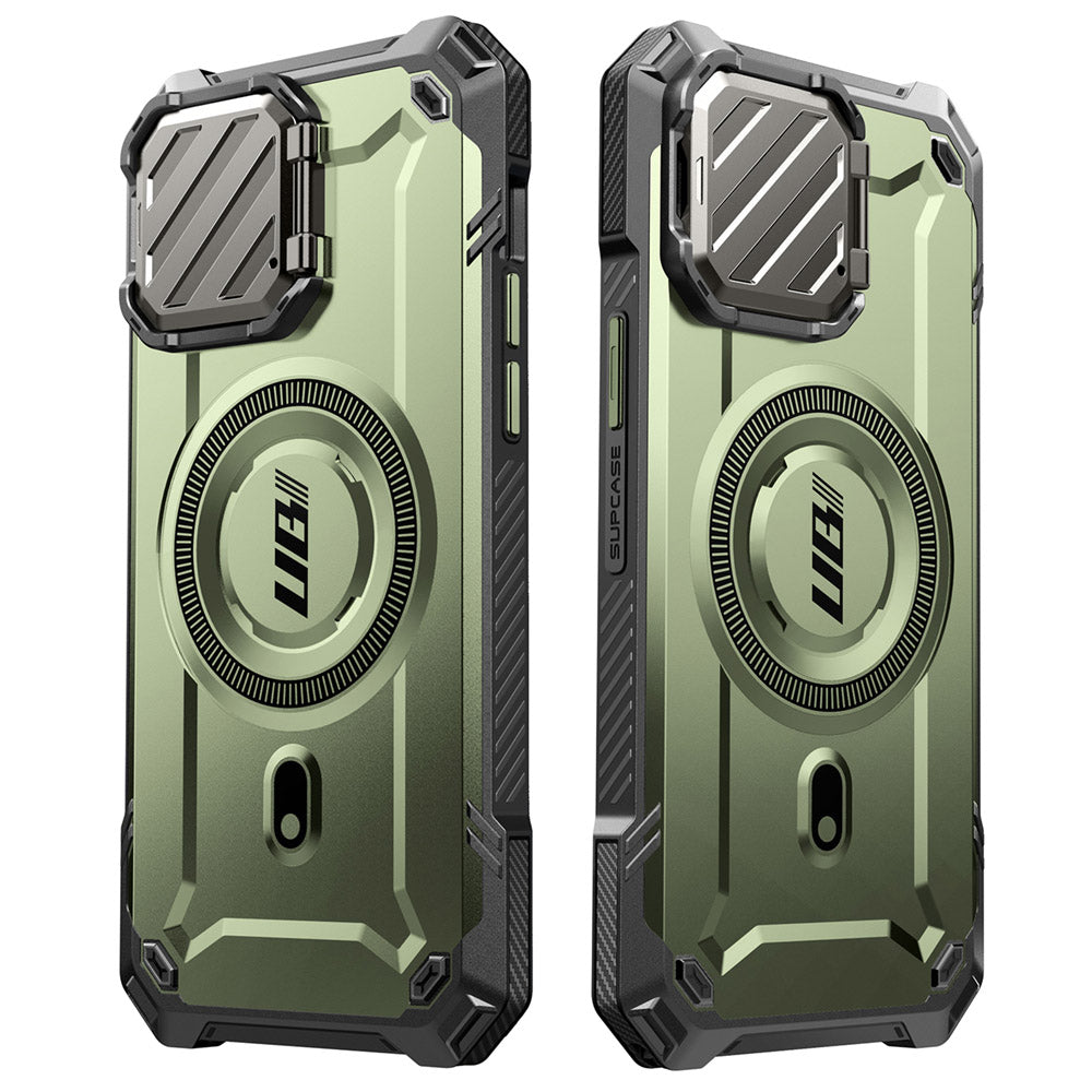 SUPCASE UB Mag XT 探索者 iPhone 16e 鏡頭蓋支架軍規防摔殼,展示其鏡頭蓋支架、軍規防摔、磁吸功能和防塵塞。綠色。