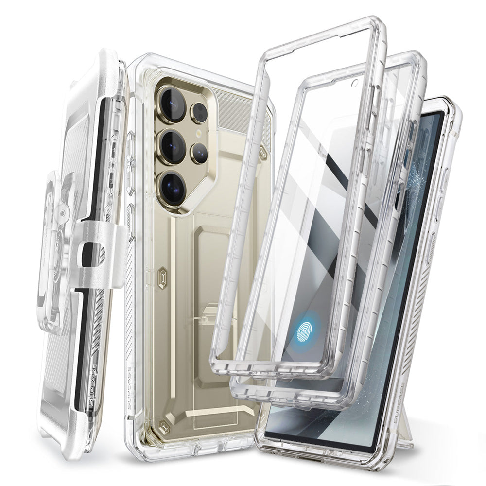 SUPCASE UB Pro守護者Samsung Galaxy S25 Ultra 5G軍規防摔殼,內建螢幕保護貼,旋轉皮套,內建支架。透明色。