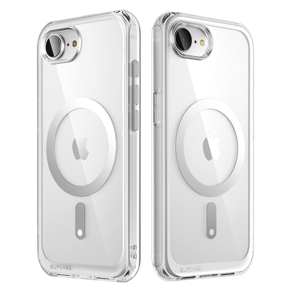 SUPCASE UB Mag 幽靈甲 iPhone 16e 透色磁吸支架軍規防摔殼,展示其透色設計、軍規防摔、磁吸支架和實體相機按鍵。