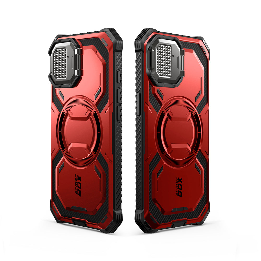 i-Blason Armorbox iPhone 16e (2025) Mag 頂級鏡頭蓋支架軍規防摔殼,紅色,展示其全身式保護設計、內建螢幕保護膜、鋅合金相機蓋 MagSafe 磁吸支架、軍規防摔特性和精準設計。