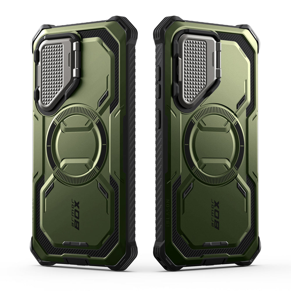i-Blason Armorbox Samsung Galaxy S25 5G Mag 頂級鏡頭蓋支架軍規防摔殼,綠色,展示其全身式保護設計、內建螢幕保護膜、鋅合金相機蓋 MagSafe 磁吸支架、軍規防摔特性和精準設計。