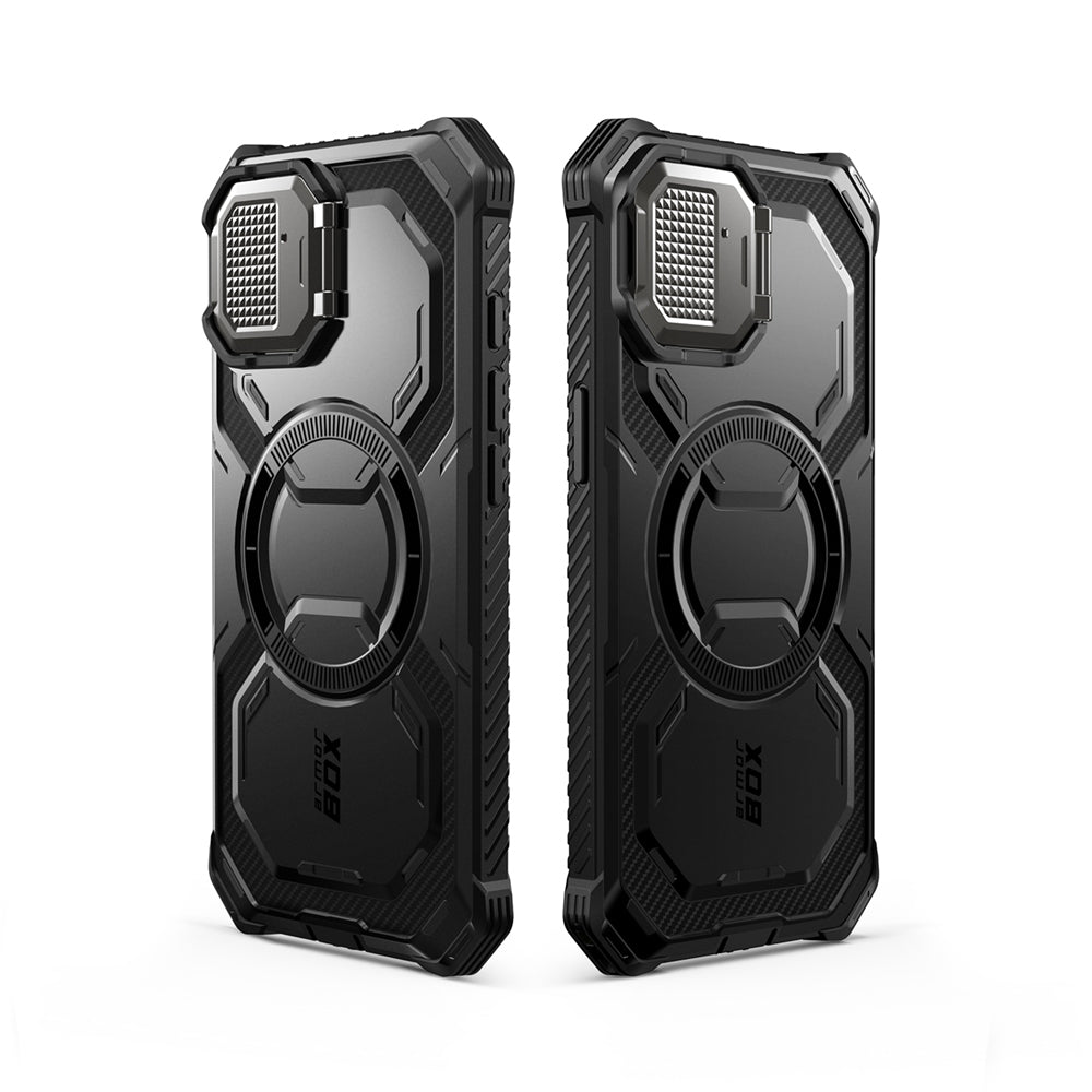 i-Blason Armorbox iPhone 16e (2025) Mag 頂級鏡頭蓋支架軍規防摔殼,黑色,展示其全身式保護設計、內建螢幕保護膜、鋅合金相機蓋 MagSafe 磁吸支架、軍規防摔特性和精準設計。