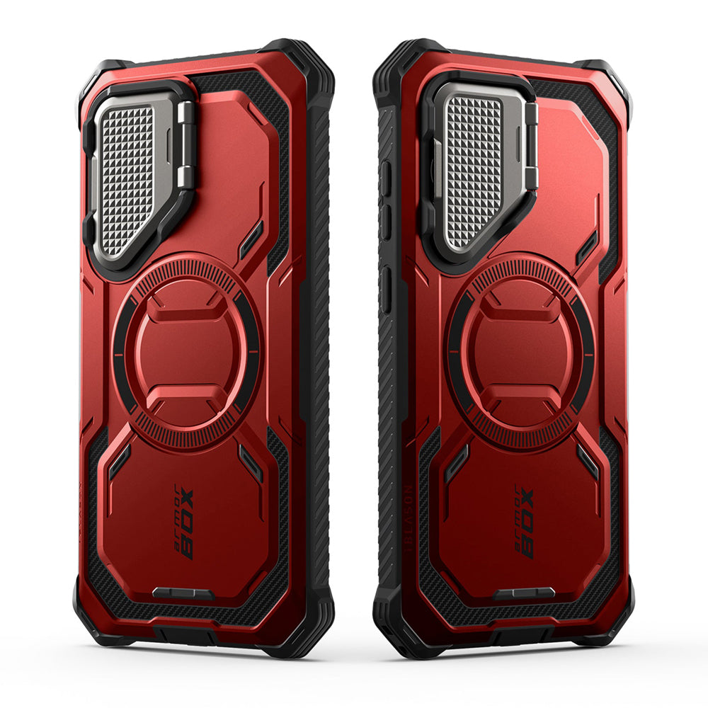i-Blason Armorbox Samsung Galaxy S25 5G Mag 頂級鏡頭蓋支架軍規防摔殼,紅色,展示其全身式保護設計、內建螢幕保護膜、鋅合金相機蓋 MagSafe 磁吸支架、軍規防摔特性和精準設計。
