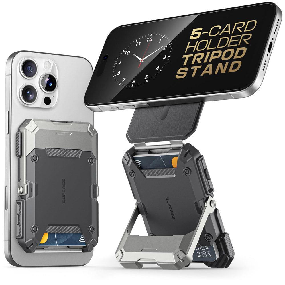 SUPCASE MagSafe 磁吸錢包站立支架 - iPhone MagSafe 皮革卡夾錢包保護套, 多功能手機支架, 磁吸無線充電兼容,銀色。