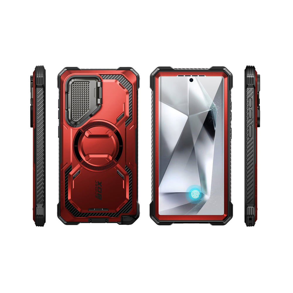i-Blason Armorbox Samsung Galaxy S25 Ultra 5G (2025) Mag 頂級鏡頭蓋支架軍規防摔殼,紅色,展示其全身式保護設計、內建螢幕保護膜、鋅合金相機蓋 MagSafe 磁吸支架、軍規防摔特性和精準設計。