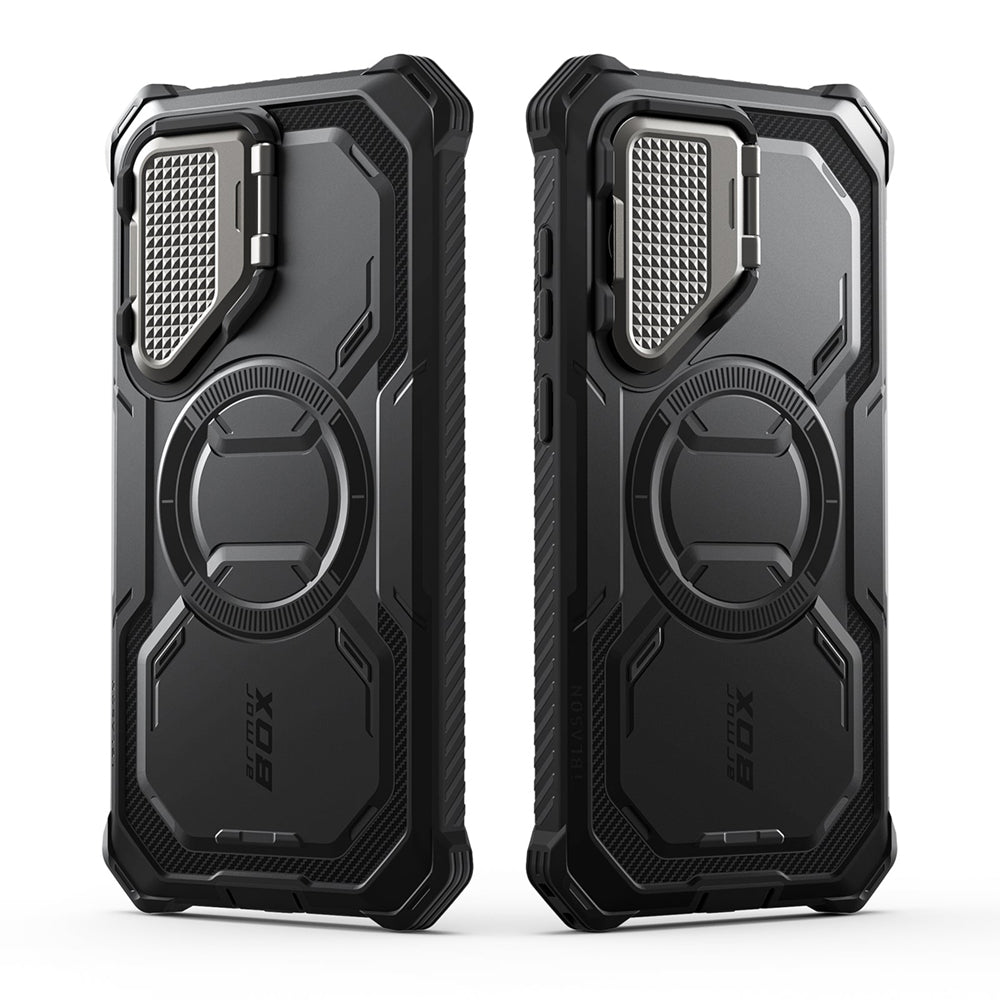 i-Blason Armorbox Samsung Galaxy S25 5G Mag 頂級鏡頭蓋支架軍規防摔殼,黑色,展示其全身式保護設計、內建螢幕保護膜、鋅合金相機蓋 MagSafe 磁吸支架、軍規防摔特性和精準設計。