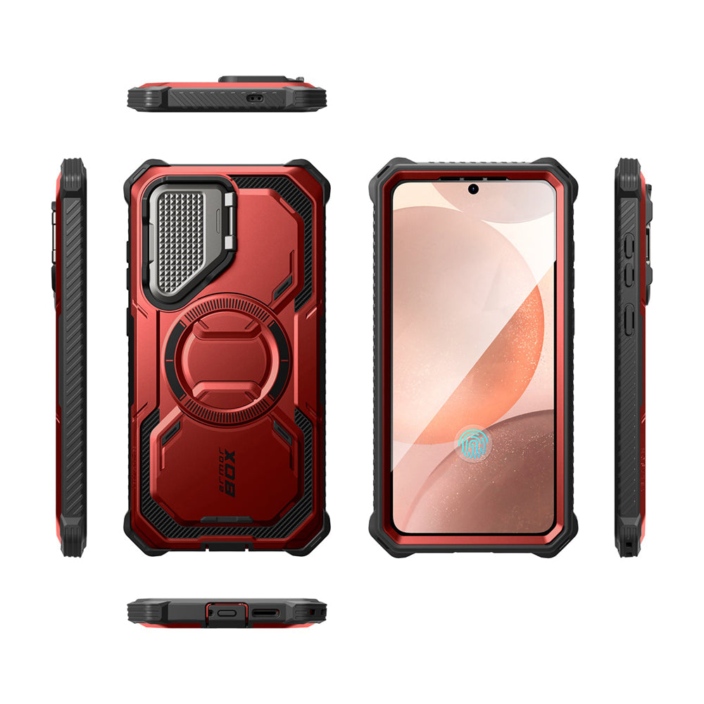 i-Blason Armorbox Samsung Galaxy S25 5G Mag 頂級鏡頭蓋支架軍規防摔殼,紅色,展示其全身式保護設計、內建螢幕保護膜、鋅合金相機蓋 MagSafe 磁吸支架、軍規防摔特性和精準設計。
