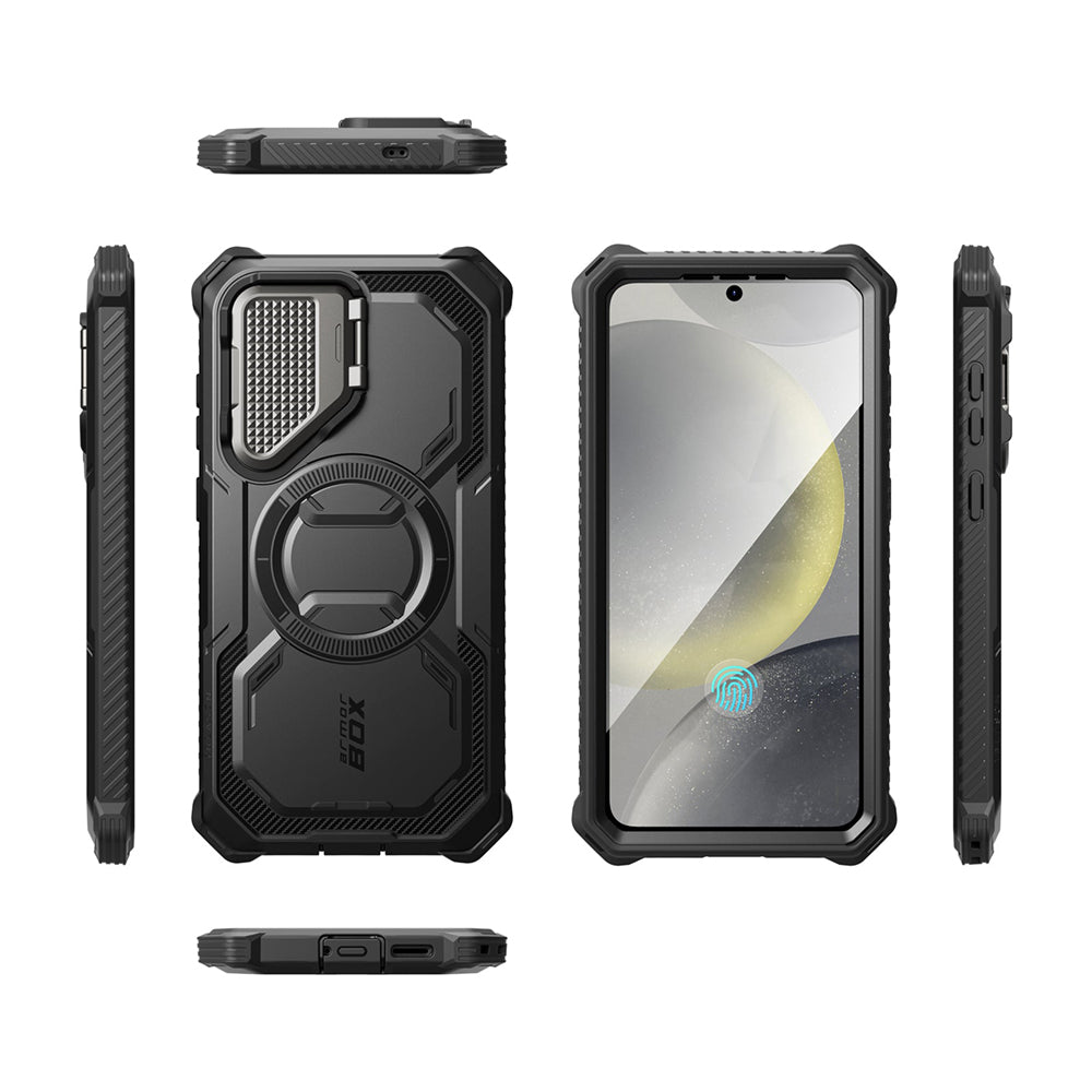 i-Blason Armorbox Samsung Galaxy S25 5G Mag 頂級鏡頭蓋支架軍規防摔殼,黑色,展示其全身式保護設計、內建螢幕保護膜、鋅合金相機蓋 MagSafe 磁吸支架、軍規防摔特性和精準設計。