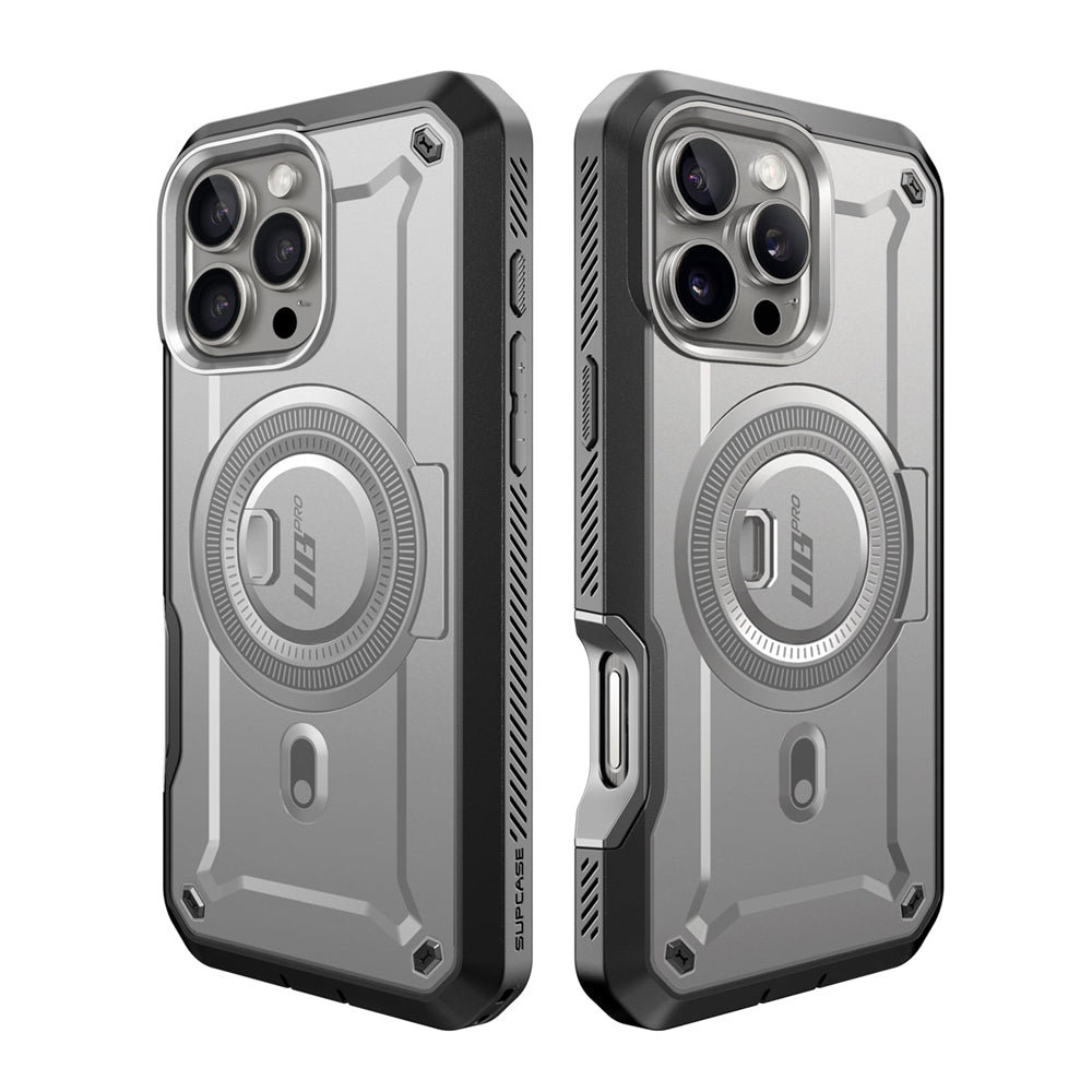 iPhone 16 Pro Max 軍規防摔殼,SUPCASE UB Pro Mag 變形守護者,支援 MagSafe 磁吸、內建支架與螢幕保護貼,提供全面防護。鈦空灰色。