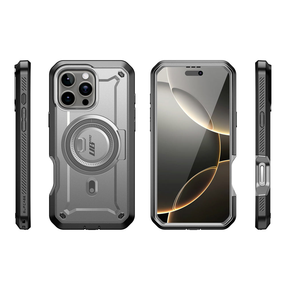 iPhone 16 Pro Max 軍規防摔殼,SUPCASE UB Pro Mag 變形守護者,支援 MagSafe 磁吸、內建支架與螢幕保護貼,提供全面防護。鈦空灰色。