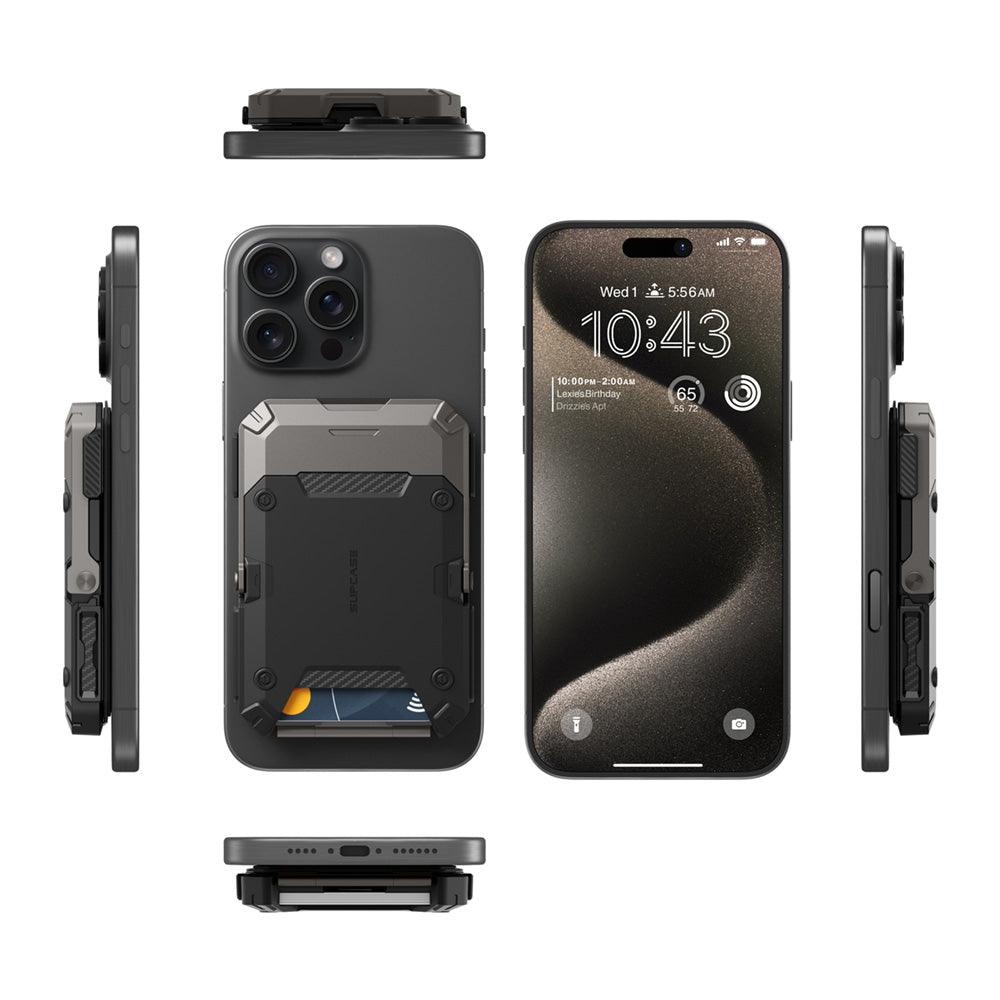 SUPCASE MagSafe 磁吸錢包站立支架 - iPhone MagSafe 皮革卡夾錢包保護套, 多功能手機支架, 磁吸無線充電兼容,黑色。