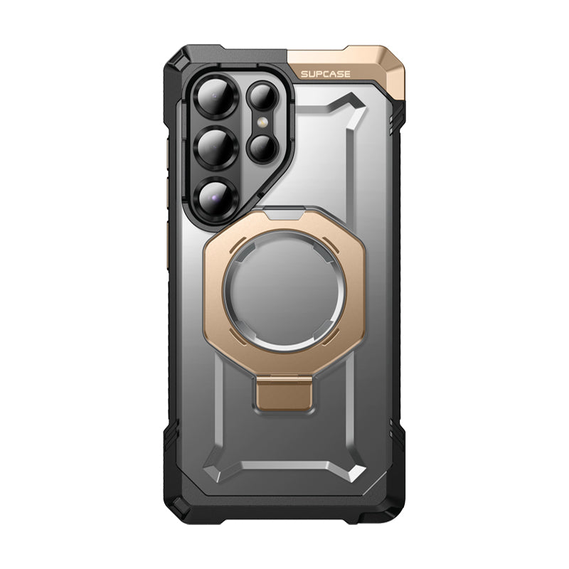 SUPCASE UB Grip 全能鋼甲 Samsung Galaxy S25 Ultra 5G (2025) 軍規防摔磁吸手機殼,透明背板展示手機原色,金屬支架可橫豎立放。沙色。