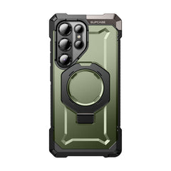 SUPCASE UB Grip 全能鋼甲 Samsung Galaxy S25 Ultra 5G (2025) 軍規防摔磁吸手機殼，透明背板展示手機原色，金屬支架可橫豎立放。綠色。