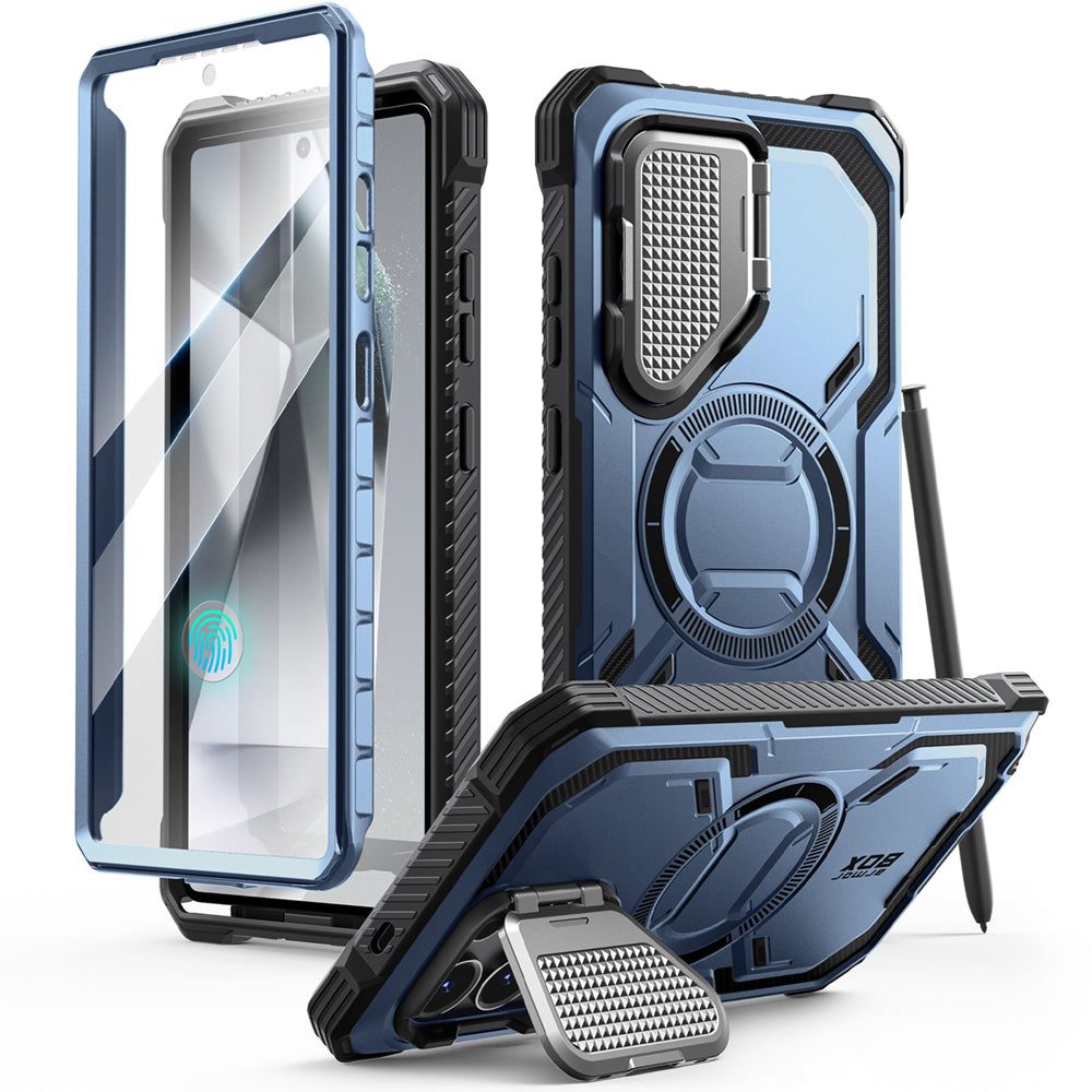 i-Blason Armorbox Samsung Galaxy S25 Ultra 5G (2025) Mag 頂級鏡頭蓋支架軍規防摔殼,藍色,展示其全身式保護設計、內建螢幕保護膜、鋅合金相機蓋 MagSafe 磁吸支架、軍規防摔特性和精準設計。