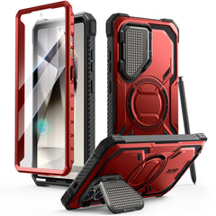 i-Blason Armorbox Samsung Galaxy S25 Ultra 5G (2025) Mag 頂級鏡頭蓋支架軍規防摔殼，紅色，展示其全身式保護設計、內建螢幕保護膜、鋅合金相機蓋 MagSafe 磁吸支架、軍規防摔特性和精準設計。