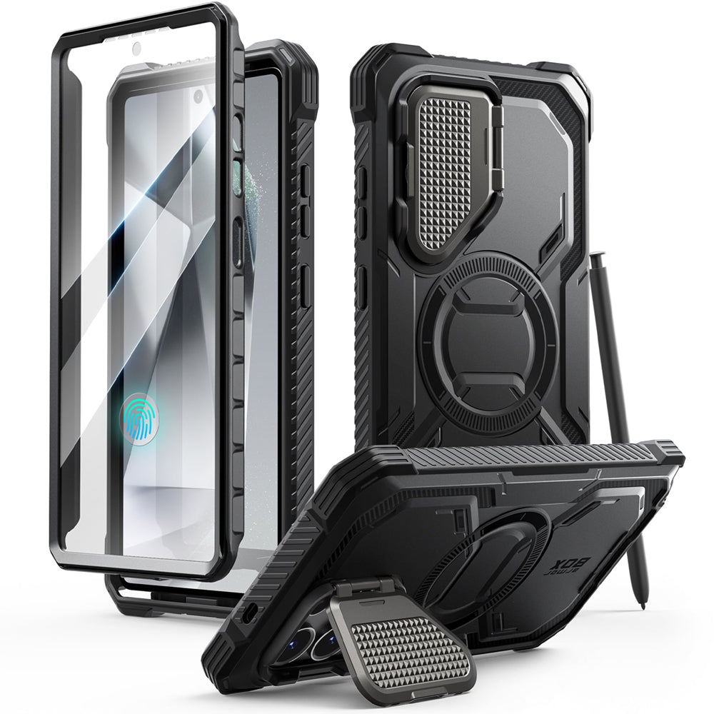 i-Blason Armorbox Samsung Galaxy S25 Ultra 5G (2025) Mag 頂級鏡頭蓋支架軍規防摔殼，黑色，展示其全身式保護設計、內建螢幕保護膜、鋅合金相機蓋 MagSafe 磁吸支架、軍規防摔特性和精準設計。