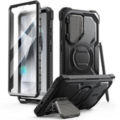 i-Blason Armorbox Samsung Galaxy S25 Ultra 5G (2025) Mag 頂級鏡頭蓋支架軍規防摔殼，黑色，展示其全身式保護設計、內建螢幕保護膜、鋅合金相機蓋 MagSafe 磁吸支架、軍規防摔特性和精準設計。