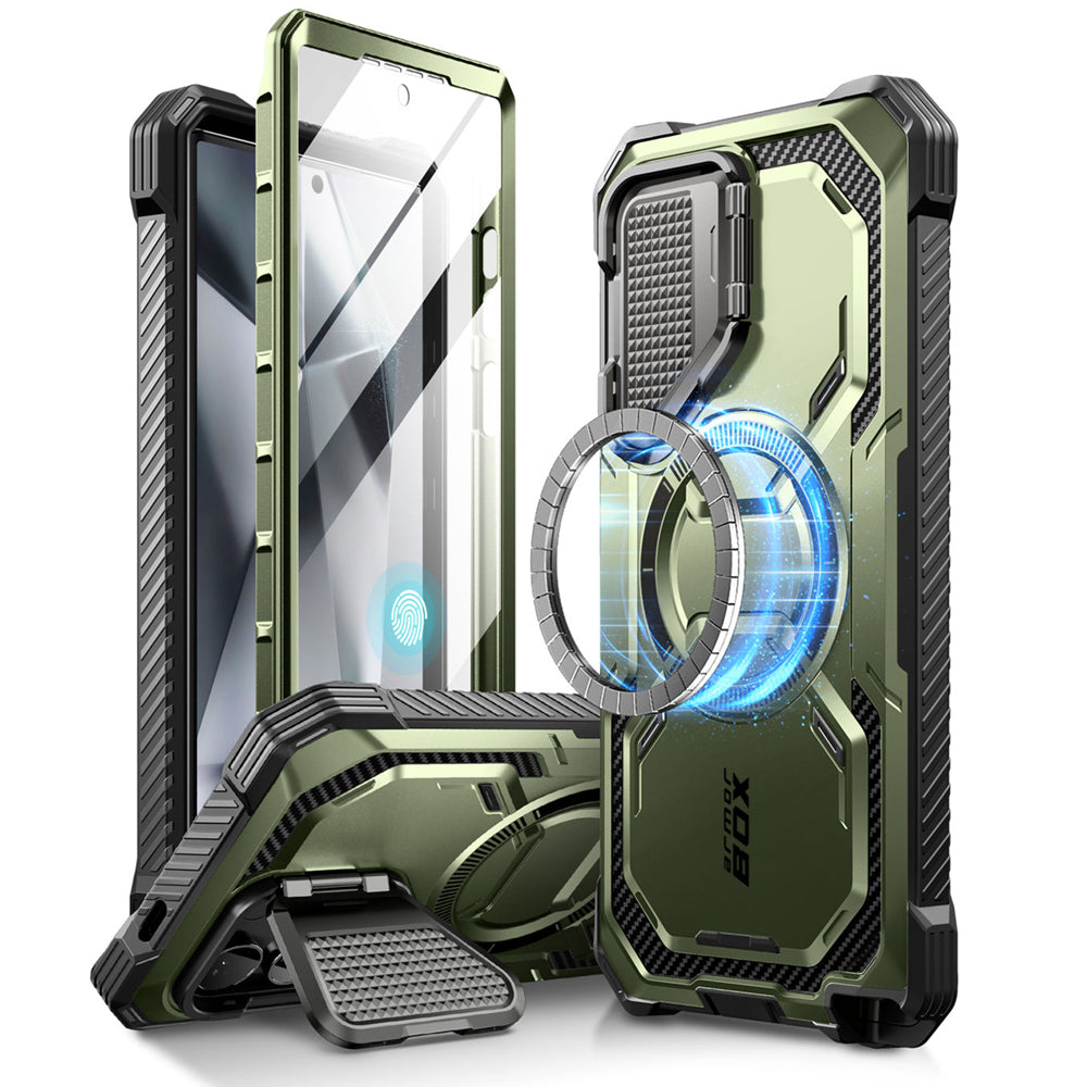 i-Blason Armorbox Samsung Galaxy S25 Ultra 5G (2025) Mag 頂級鏡頭蓋支架軍規防摔殼,綠色,展示其全身式保護設計、內建螢幕保護膜、鋅合金相機蓋 MagSafe 磁吸支架、軍規防摔特性和精準設計。