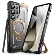 SUPCASE UB Grip 全能鋼甲 Samsung Galaxy S25 Ultra 5G (2025) 軍規防摔磁吸手機殼，透明背板展示手機原色，金屬支架可橫豎立放。沙色。